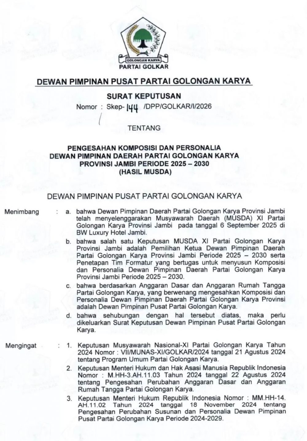 Disahkan Bahlil, Ini Susunan Lengkap Pengurus DPD Golkar Provinsi Jambi
